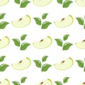 Seamless pattern with green slice apples and leaves on white background. Organic fruit. Cartoon style. Vector illustration for Royalty Free Stock Photo