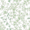 Seamless pattern, green sprig of ivy, graphic linear pattern, botanical sketch