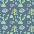 Seamless pattern green succulent echeveria, cotyledon, opuntia home plant on blue. Art creative hand drawn background