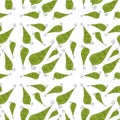 Seamless pattern green swirling spiral leaves of different shapes on a white background