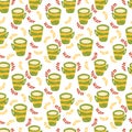 Seamless pattern with green tea cups with milk, red and yellow branches. Vector illustration isolated on a white background