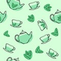 Seamless pattern with green tea leaf, teapots and cups. Hand drawing vintage texture. Royalty Free Stock Photo