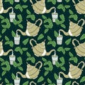 Seamless pattern, green tea with mint, , hand-drawn retro teapot with a glass and mint leaves Design for print. Royalty Free Stock Photo