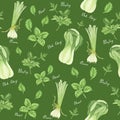 Seamless pattern of green vegetables with lettering: onion, parsley, basil and bok choy, watercolor painting.