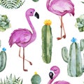 Seamless pattern with green watercolor cactus,succulents, multicolored flowers and cute flamingos.