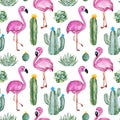 Seamless pattern with green watercolor cactus,succulents, multicolored flowers and cute flamingos.