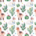 Seamless pattern with green watercolor cactus,succulents, multicolored flowers and cute llamas Royalty Free Stock Photo