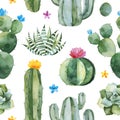 Seamless pattern with green watercolor cactus,succulents and multicolored flowers