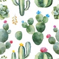 Seamless pattern with green watercolor cactus,succulents and multicolored flowers