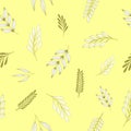 Seamless pattern with green and white branches on a sunny yellow background
