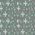 Seamless pattern of green and white cacti and succulents . Cute Doodle style hand-drawn plants on a dark background. Vector