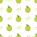 Seamless pattern with green whole and slice apples on white background. Organic fruit. Cartoon style. Vector illustration for