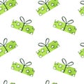 Seamless pattern with green Wrapped gift box with ribbon. Hand painted watercolor illustration on white background Royalty Free Stock Photo