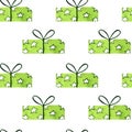 Seamless pattern with green Wrapped gift box with ribbon. Hand painted watercolor illustration on white background Royalty Free Stock Photo