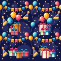 Seamless pattern greetings card design with birthday cake balloons and gift boxes vector illustration on dark background Royalty Free Stock Photo