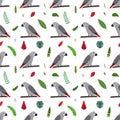 Seamless pattern with grey african parrots Jaco and tropical leaves and flowers