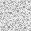 Seamless pattern with grey concentric circles, stars, flowers