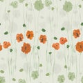 Seamless pattern of grey, green and orange flowers on a green background. Watercolor Royalty Free Stock Photo