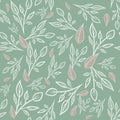 Seamless pattern with grey leaves, white branches on green background. Spring/summer fashion print. Luxury pattern. Packaging, wal