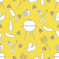 Seamless pattern with grill, barbecue tools. BBQ