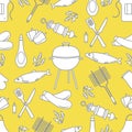 Seamless pattern with grill, barbecue tools. BBQ