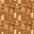 Seamless pattern with grinder, coffee stain, calligraphic text C