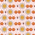 seamless pattern with groovy flowers 70s