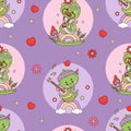 Seamless pattern with groovy hippy snake. Cute reptile girl and boy on rainbow on purple background with hearts. Funny Royalty Free Stock Photo