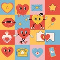 Seamless pattern groovy valentine's day, hearts, cute character