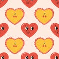 Seamless pattern groovy valentine's day, hearts, cute character