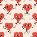 Seamless pattern groovy valentine's day, hearts, cute character