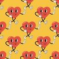 Seamless pattern groovy valentine's day, hearts, cute character