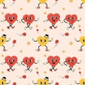 Seamless pattern groovy valentine's day, hearts, cute character