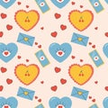Seamless pattern groovy valentine's day, hearts, cute character