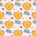 Seamless pattern groovy valentine's day, hearts, cute character