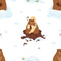 Seamless pattern with groundhog. Sleeping marmot with pillow and sad rodent in snowy hole on white background. Vector