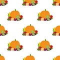 Seamless pattern with group of fresh vegetables on white background. Pumpkin, tomato, corn, bell pepper, potato. Organic food. Royalty Free Stock Photo
