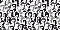 Seamless pattern group of people. Different nationalities, clothes and hairstyles. Portraits of men and women. Black and white