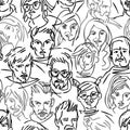 Seamless pattern of a group of people. Many different avatars. Portraits of men and women. Black and white linear people.