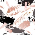 Seamless pattern - grunge brush strokes in pastel gold rose pink, grey and black on white background