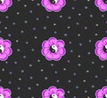 Seamless pattern with grunge pink yin yang flowers and stars.black background