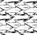 Seamless pattern of grunge right arrows. Black silhouette with scuffs and scratches. Vector texture