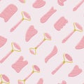 Seamless pattern of gua sha scraping massage tools. Different gua sha stones and rollers are made of rose quartz. Facial massage,