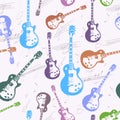 Seamless pattern with guitars and musical notes background. Decorative vector background with a musical theme Royalty Free Stock Photo