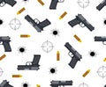 Seamless pattern of gun with bullet and bullet holes on white background Royalty Free Stock Photo