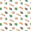 Seamless pattern of a gunkan, sushi and roll. Japanese cuisine.