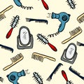 Seamless pattern hair salon accessories, mirror and hairbrushes, hairdryer