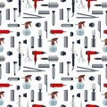 Seamless pattern of hairdresser objects in flat style isolated on white background. Hair salon equipment and tools logo