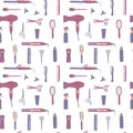 Seamless pattern with hairdressing tools, hair dryer, scissors, combs. Hair salon accessories on a white background