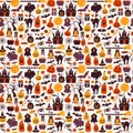 Seamless pattern of halloween for autumn celebration with icons